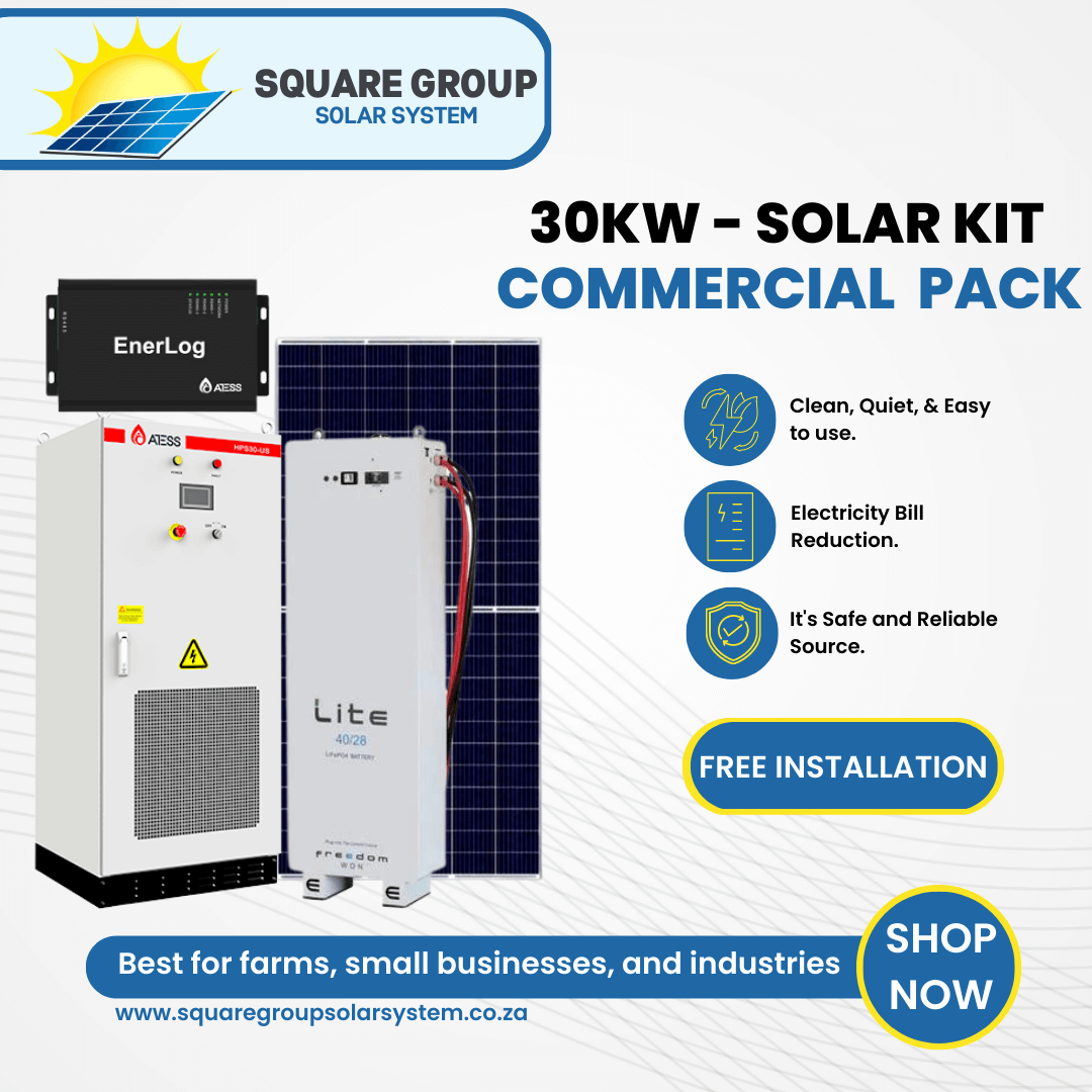 This system consists of • 1 x Atess 30kw High voltage 3 phase inverter • 1 x Freedom won lite 40kwh High voltage • 1 x Atess Enerlog wifi module • 48 x 600W solar panels • 1 x 3 phase combiner box • 1 x 1000V dc combiner box • Mounting structure • System installed